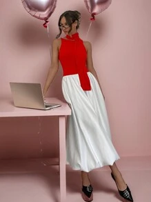 SHEIN Essnce 女士休闲勃艮第红白连衣裙纯色短袖连衣裙缎面蓬蓬裙中长版连衣裙泡泡 2 件套女士长裙配围巾新年女士服装连衣裙休闲度假服装女士圣诞连衣裙女士情人节