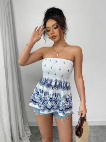 Chiquease Top tubo sin espalda con estampado floral para mujeres en estilo INS - Azul y blanco - Ver 4