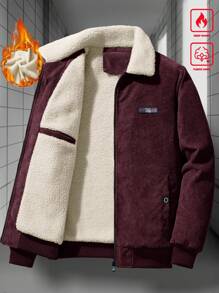 Manfinity Homme Men's Long Sleeve Loose Fit Corduroy Patch Detailed Thermal Lined Jacket, For Fall Winter, Grunge - Burgundy - View 7