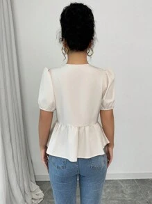 SHEIN Unity Buttoned Design Women Shirt, Puff Sleeve Crop Blouse, Apricot Color Chinese Style Women Shirt - Apricot - View 2