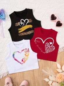 SHEIN 3 件装年轻女孩可爱休闲心形和蝴蝶印花图案吊带背心套装 - 彩色 - 查看 3