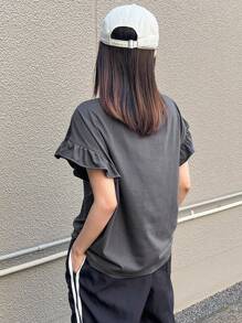 FRIFUL 女式宽松休闲图案印花盖袖T恤，喇叭袖，夏季服装，荷叶边 - 灰色 - 查看 5