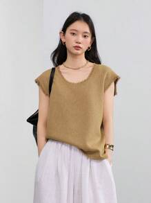 Dazy-Less 女士商务休闲纹理针织纯色简约流苏背心 - 黃色 - 查看 1