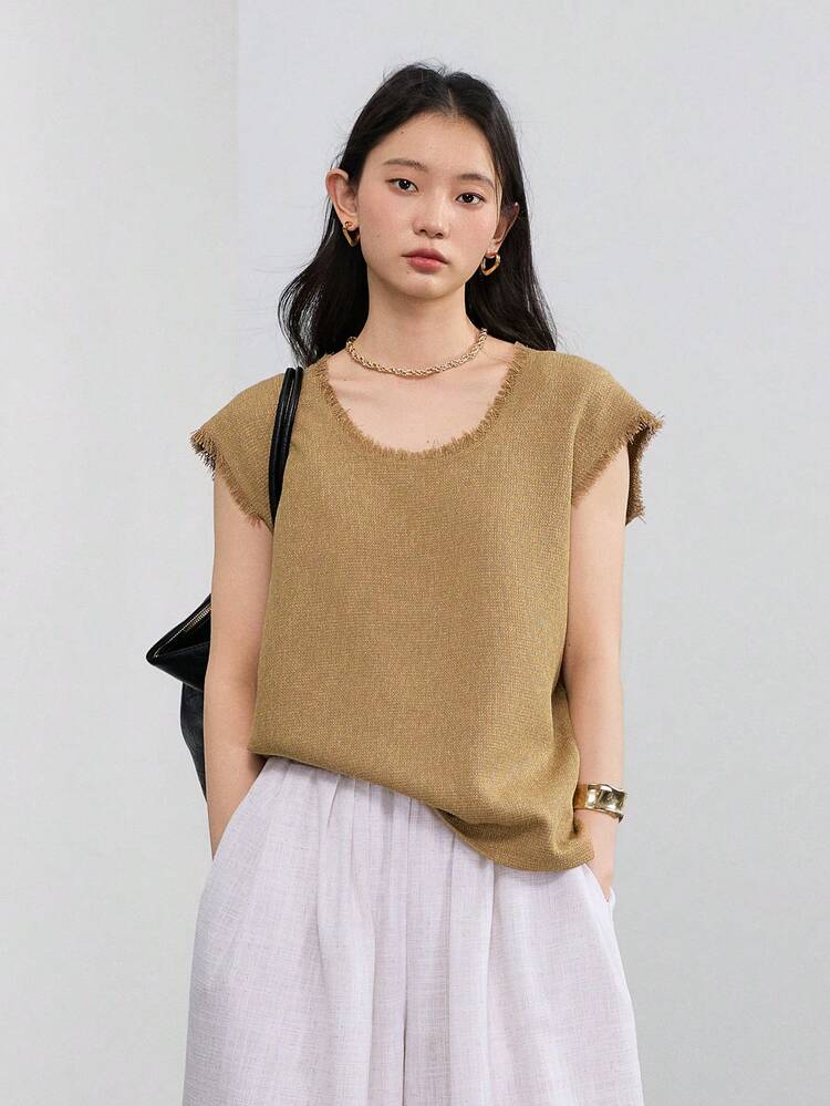 Women's Business Casual Textured Knit Solid Minimalist Fringed Tank Top