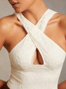 L'Amorae Keyhole Halter Sleeveless Lace Bodysuit - Apricot - View 4