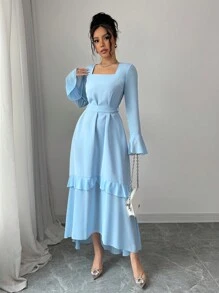 Elenzga 奢华女士晚礼服，拼布 AB 面料，荷叶边下摆，喇叭袖，系带腰部，连衣裙 - 藍色 - 查看 4