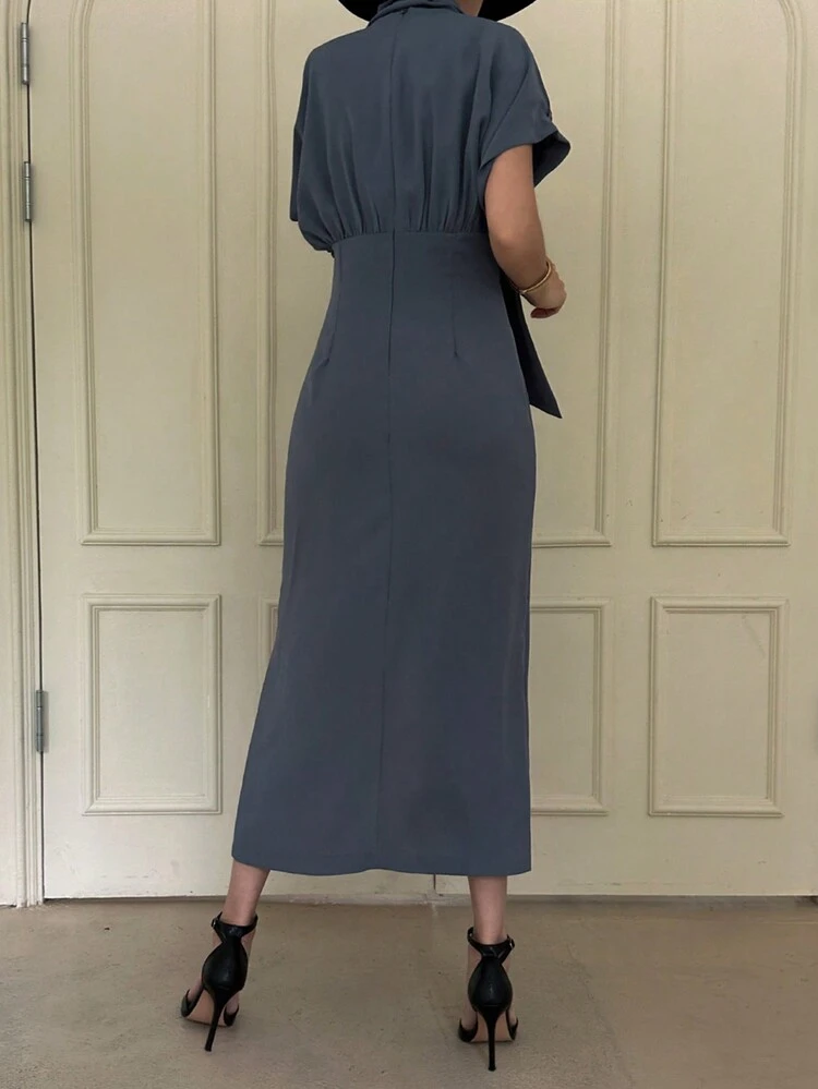Women's Short Sleeve Waist Cinched Mid-Length Split Hem Dress Maxi Dress