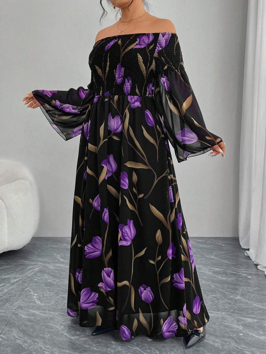 Modelyn Plus Size Chiffon Off Shoulder Bell Sleeve A-Line Dress, Floral Print, Suitable For Spring/Summer - Multicolor - View 1