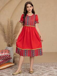 1pc Tween Girls' Red Retro Print Patchwork Cinched Waist Bubble Sleeve Spring/Summer Vacation Dress - Red - View 3