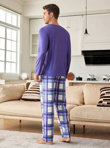 CoupledUp Conjunto de pijama casual de manga larga a cuadros y de color block para hombre