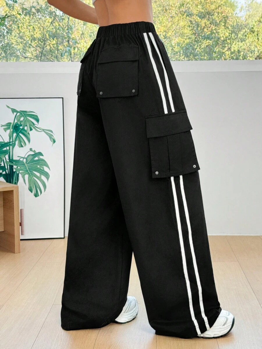 SHEIN EZwear 女式纯色拼布口袋松紧腰休闲工装裤 - 黑色 - 查看 1