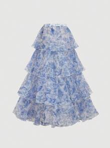 SHEIN MOD Blue And White Floral Print Vintage Gorgeous Romantic 2-In-1 Dress With Removable Multi-Tiered Cake Skirt - Palace Style Formal Dress,Valentines Clothes,Beach Outfits For Woman,Birthday Outfits For Women,Wedding Guest Dress Women,Rave Outfits Festival