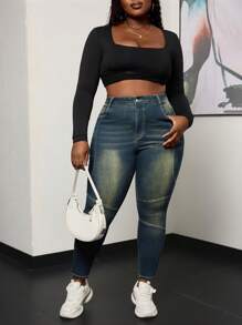 SHEIN SXY 大码女式口袋紧身休闲百搭牛仔裤