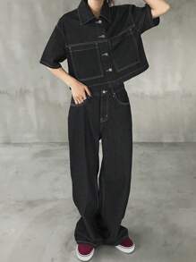 FRIFUL 女士两件套灰色牛仔套装：牛仔夹克 + 牛仔裤 - 黑色 - 查看 8