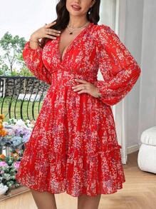 Flirla 大码女式浪漫花卉 V 领荷叶边下摆短款 A 字裙休闲度假，红色情人节 - 紅色 - 查看 4