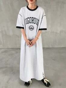 FRIFUL Women's Long Letter Printed Dress With Contrast Trim, Summer Wear Sundress,Casual Women Dresses
