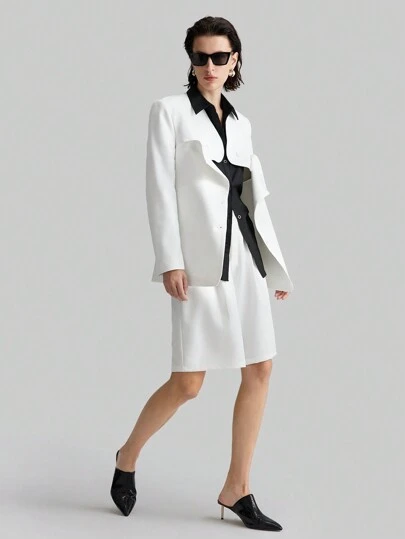 Ontre 2025 春季新款白色女士结构西装，百搭双排扣长袖西装外套，带有设计细节，都市时尚