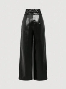 SHEIN MOD Women's Fashion High Waist Double Waistband Design Leather Wide Leg Pants