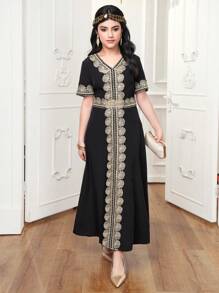 SHEIN 青少年女孩优雅 V 领短袖缀饰 A 字裙 - 彩色 - 查看 4