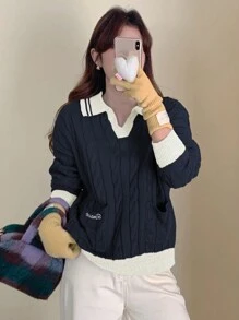 DAZY Color Block Letter Embroidery Oversized Turndown Collar Long Sleeve Women Sweater,Fall Women Clothes - Navy Blue - View 3