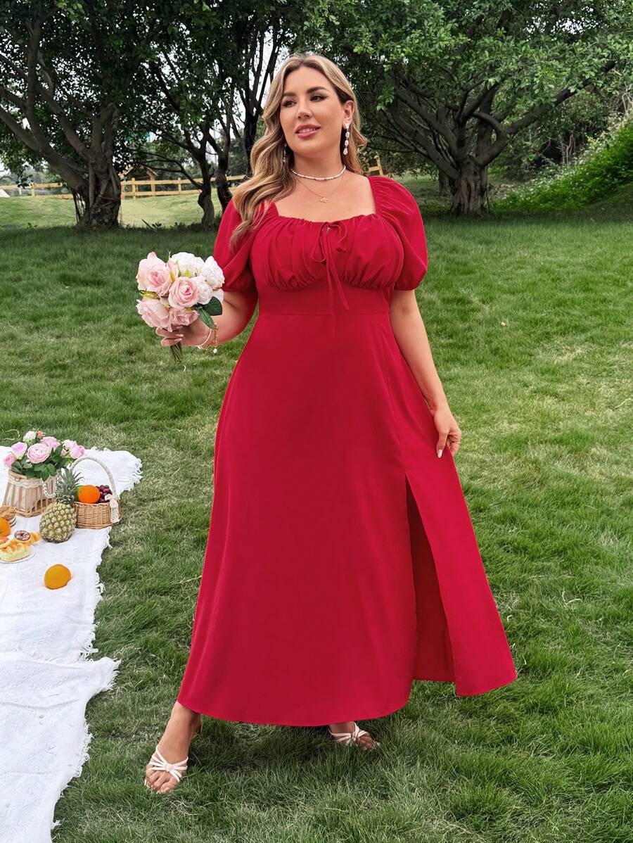 SHEIN CURVE+ Pure French High-End Ruffled Square Neck Puff Sleeve Solid Red Split Dress For Women, Romantic & Suitable For Dating, Spring/Summer - Red - View 1
