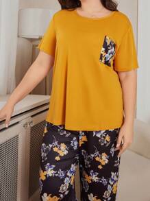 Plus Size Yellow Crew Neck Short Sleeve Pocket Top And Printed Pants Pajama Set, Outfits - Yellow - View 3