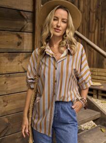 LanaWest 女式短袖纽扣条纹休闲衬衫，适合居家和户外
