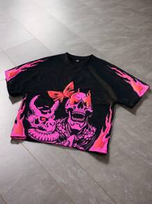 Manfinity EMRG Camiseta negra para hombre con gráfico de calavera de llama roja y técnica de gel-espuma - Negro - Ver 1