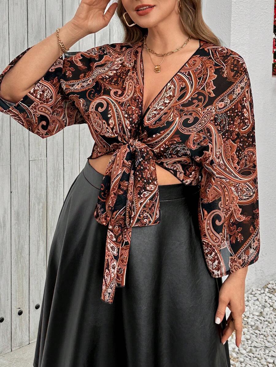 SHEIN Clasi Plus Size Women Front Tie All-Over Print Casual Blouse, Suitable For Leisure And Holiday - Multicolor - View 1