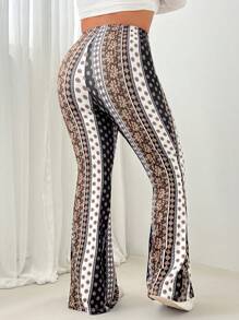 SHEIN EZwear Pantalones acampanados de talla grande con estampado retro a color block