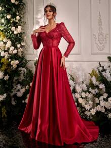 Glamrae Elegant Luxurious Romantic V-Neck Long Sleeve French Lace And Chiffon With Ruffle And Backless Design, Glossy Satin Extra-Large A-Line Hem Wedding Dress, Suitable For Weddings, Parties, Vacation, Graduation, Bridal - Red - View 4