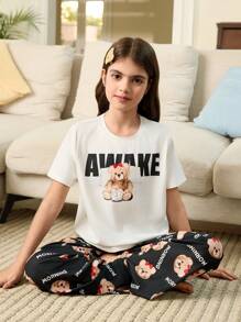 SHEIN Leap Crew Tween Girl Cute Cartoon Bear & Letter Pattern Round Neck Short Sleeve Straight Leg Loose Sleepwear Set, 2pcs, (2 Sets Sold Separately) - Black and White - View 4