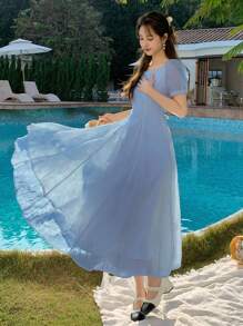 DAZY 女式泡泡袖纹理腰身中长连衣裙太阳裙 - 藍色 - 查看 2