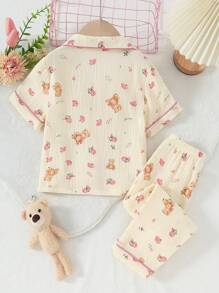 Ensemble de pyjama court à manches courtes pour jeune fille, motif ours et rose mignon, doux et confortable - Multicolore - Voir 2