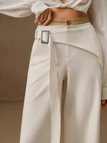 Anewsta White Casual Straight Leg Wrap-Around With Tie Waist Pants, Versatile Commuting Trousers - White - View 6