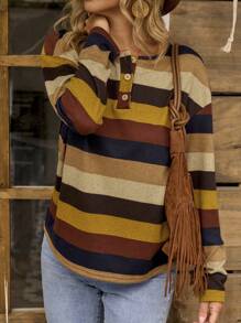 LanaWest Casual Retro Western Style Colorful Striped Long Sleeve T-Shirt For Women - Multicolor - View 3