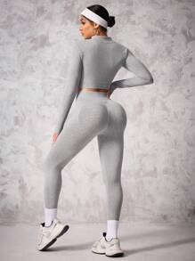 SHEIN Sport Studio Seamless Zipper Front Long Sleeve 3/4 Leggings / Yoga / Sports / High Waist Figure Shapingwomen Workout Set