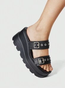 ROMWE Grunge Punk Damskie buty na platformie w stylu Dark Punk Goth, rzymskie sandały plażowe, zdobione nitami sandały, sandały na grubej podeszwie