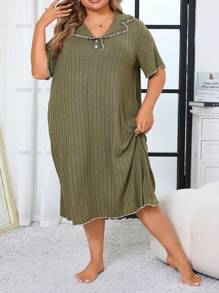 Camisón de talla grande con cuello de volantes en contraste de color - Verde Oliva - Ver 4