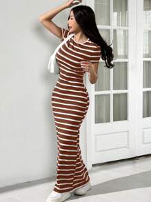 SHEIN EZwear Váy ôm cổ tròn tay ngắn sọc nâu, Xuân/Hè - Cà phê nâu - Xem 4