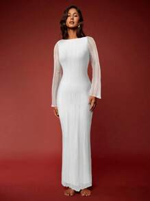 Opulessa 1 件露背喇叭袖圆领性感长袖连衣裙，适合派对 - 白色 - 查看 3