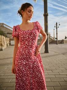 SHEIN Frenchy Women's Holiday Floral Print Short Sleeve Mid-Calf Dress,Spring/Summer, Suitable For Daily Wear, Romantic And Elegant Valentine's Day, Ruffle Sleeves, Slit Dress,Red Print