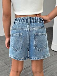 SHEIN Shorts vaqueros sueltos y casuales con decoración de mariposa para niña, diseño cómodo y suave en forma de A, versátil para usar en la calle, nueva colección primavera/verano 2025, adecuado para uso diario