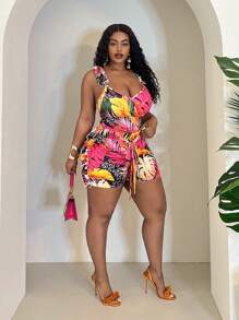 Slaydiva Plus Size Women Tropical Plant Print Set: Ruffle Strap Crop Top And Self-Tie Waist Ruffle Hem Shorts, Vacation Style For Spring/Summer - Multicolor - View 5