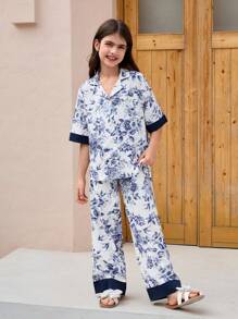 SHEIN Tween Girls Vintage Floral Print Lapel Button Front Short Sleeve Pants Casual Comfy Woven Pajama Sets, Sibling Matching Outfits (2 Sets Sold Separately) - Blue and White - View 4