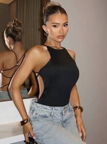 SHEIN BAE Traje de baño de una pieza escotado en la espalda para mujer, traje de baño de una pieza negro para vacaciones en la playa, traje de baño de una pieza para nadar, disfraz para salir de noche, disfraz para vacaciones - Negro - Ver 2