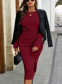 INAWLY Sukienka damska w jednolitym kolorze, z okrągłym dekoltem i długim rękawem, marszczona, dopasowana, w dużych rozmiarach