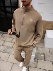 Manfinity Homme 男士前拉链长袖简约上衣和裤子，休闲两件套