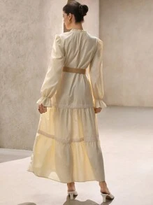 Chiquease Elegant Vacation Bohemian Fashion Lace Patchwork Tie Up Waist Belt Design Long Sleeve Dress For Women  Old Money Style For Spring Fall - Apricot - View 3