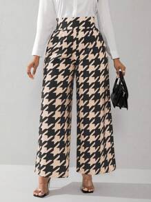 Lyxana Pantalones de pierna ancha con estampado de pata de gallo simple para mujer, ideales para desplazamientos - Caqui - Ver 3